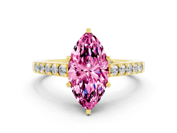Yellow gold Marquise Cut Pink Sapphire Solitaire Ring with Crossover Gallery and Round  Pavé Band