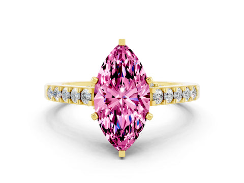 Yellow gold Marquise Cut Diamond Solitaire Ring with Pavé Band and Prong Setting
