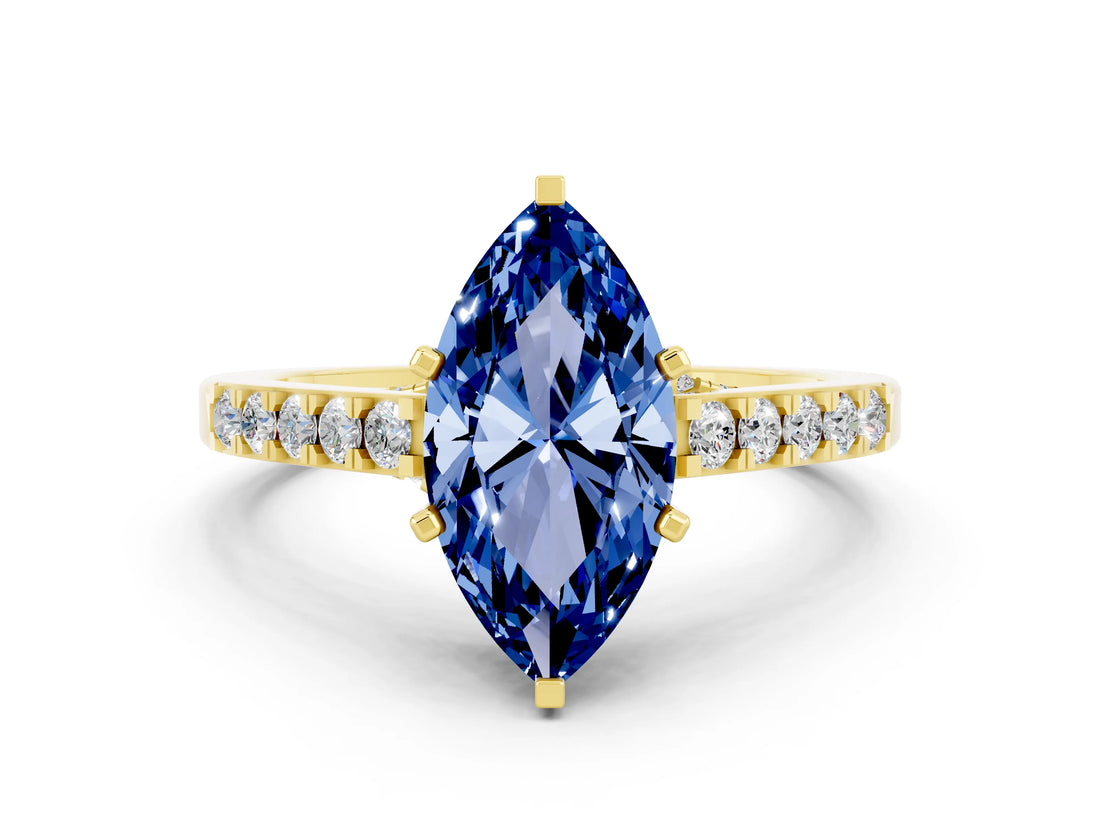 Yellow gold Marquise Cut Diamond Solitaire Ring with Pavé Band and Prong Setting