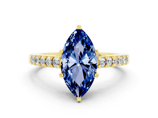 Yellow gold Marquise Cut Blue Sapphire Solitaire Ring with Crossover Gallery and Round  Pavé Band
