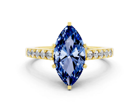 Yellow gold Marquise Cut Diamond Solitaire Ring with Pavé Band and Prong Setting