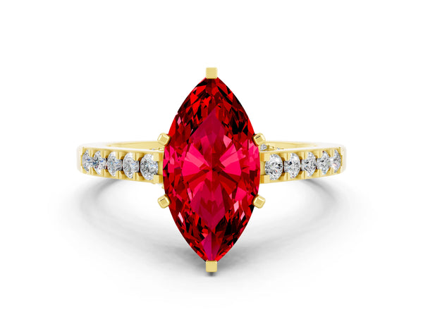 Yellow gold Marquise Cut Ruby Solitaire Ring with Crossover Gallery and Round  Pavé Band
