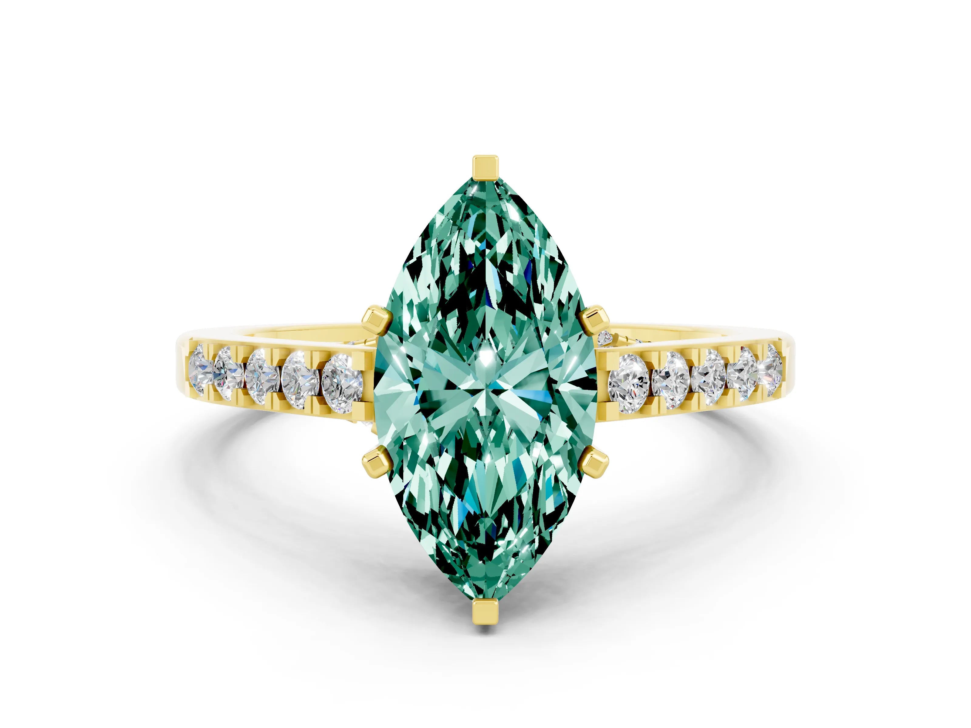 Yellow gold Marquise Cut Diamond Solitaire Ring with Pavé Band and Prong Setting