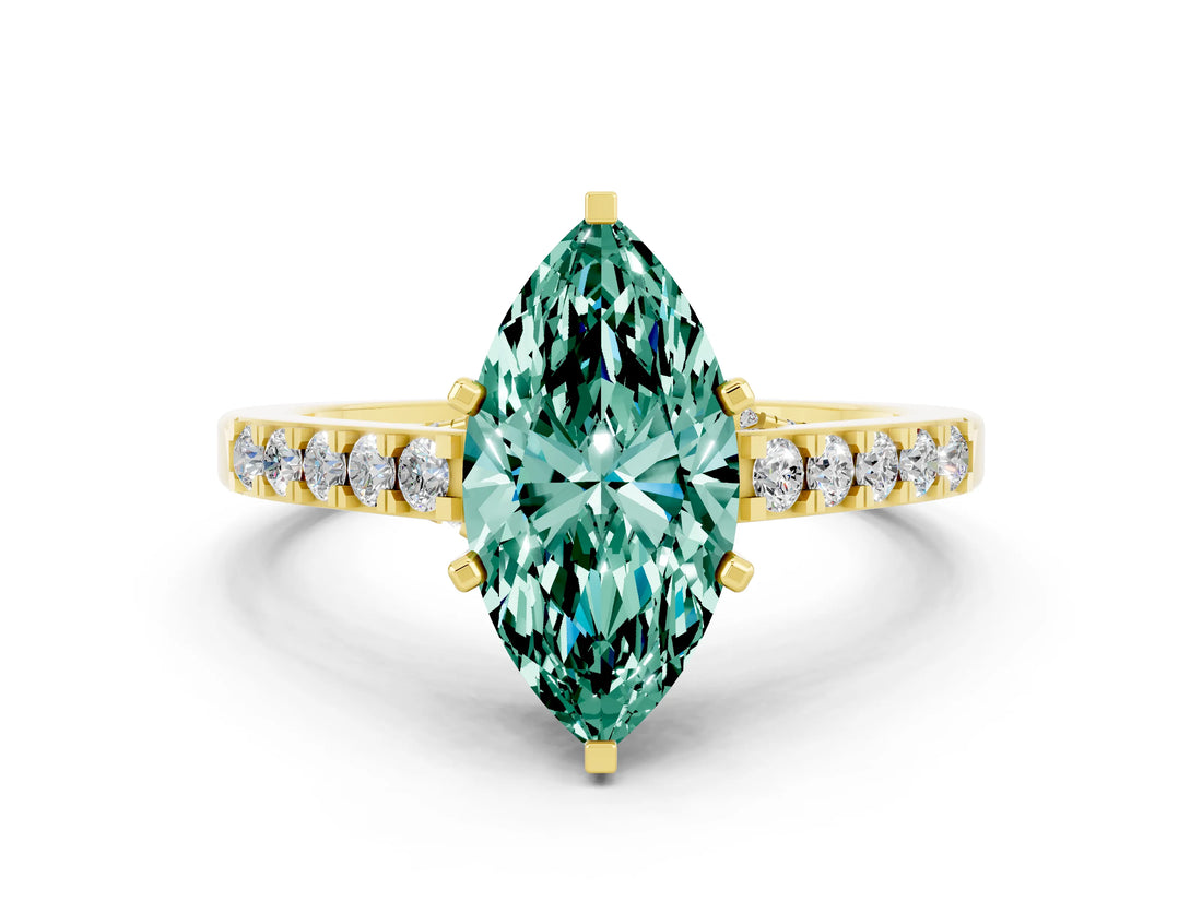Yellow gold Marquise Cut Diamond Solitaire Ring with Pavé Band and Prong Setting