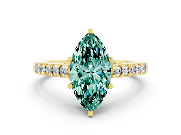 Yellow gold Marquise Cut Green Sapphire Solitaire Ring with Crossover Gallery and Round  Pavé Band