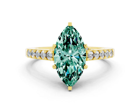 Yellow gold Marquise Cut Diamond Solitaire Ring with Pavé Band and Prong Setting