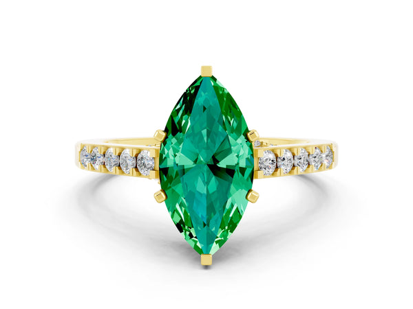 Yellow gold Marquise Cut Emerald Solitaire Ring with Crossover Gallery and Round  Pavé Band