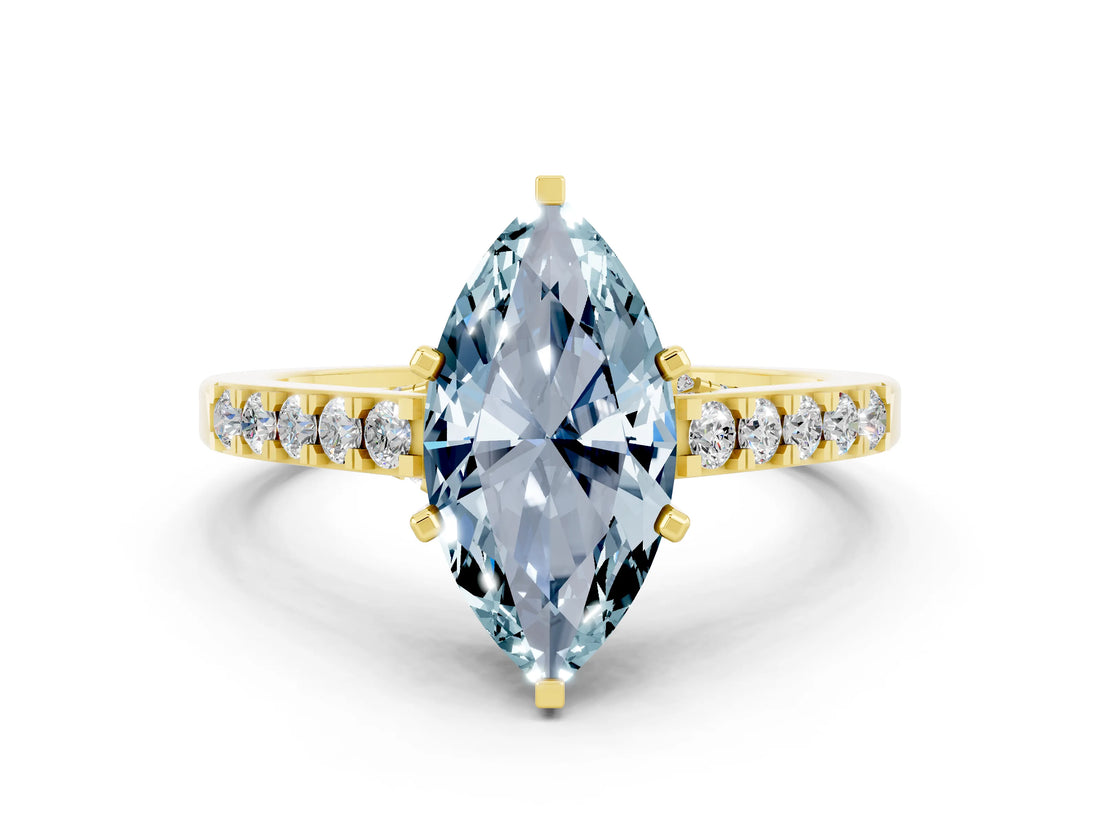 Yellow gold Marquise Cut Diamond Solitaire Ring with Pavé Band and Prong Setting