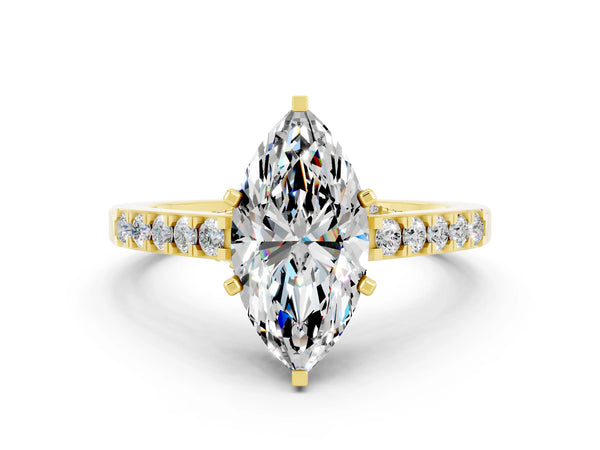 Yellow gold Marquise Cut Moissanite Solitaire Ring with Crossover Gallery and Round  Pavé Band