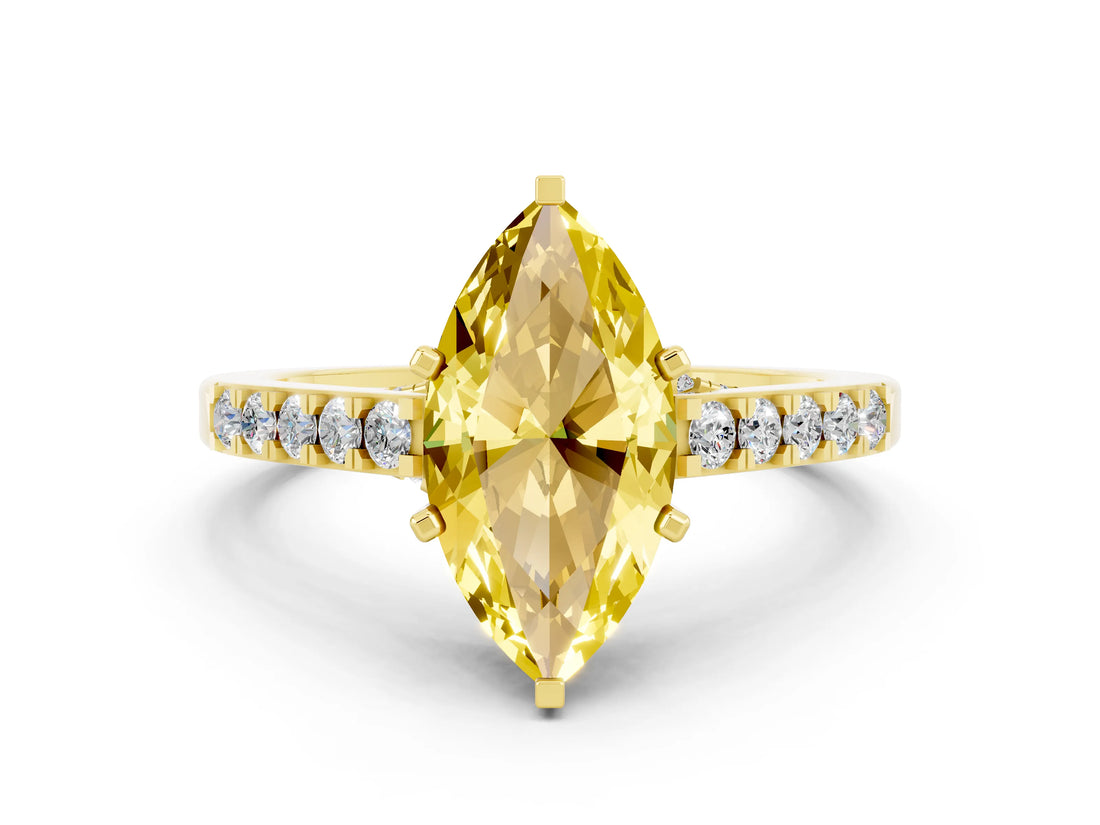 Yellow gold Marquise Cut Diamond Solitaire Ring with Pavé Band and Prong Setting