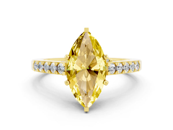 Yellow gold Marquise Cut Yellow Sapphire Solitaire Ring with Crossover Gallery and Round  Pavé Band