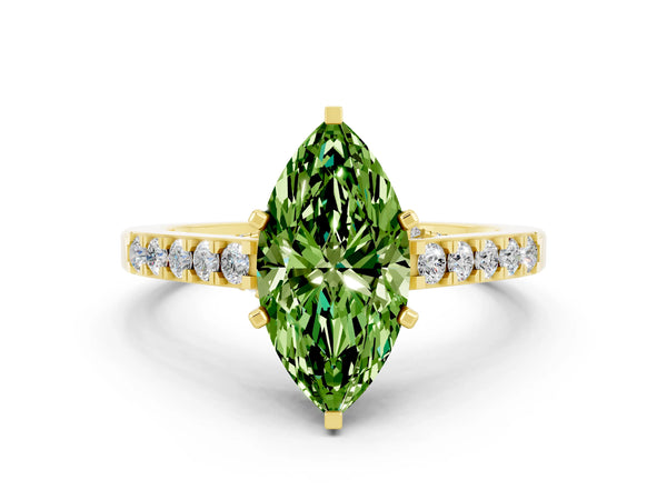 Yellow gold Marquise Cut Peridot Solitaire Ring with Crossover Gallery and Round  Pavé Band