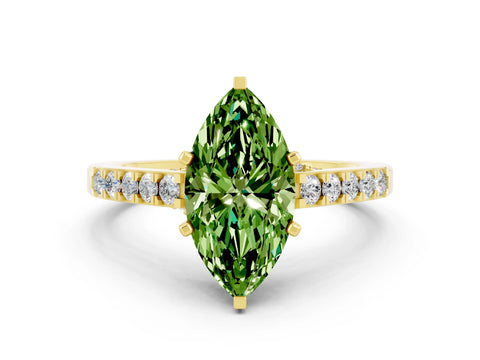Yellow gold Marquise Cut Diamond Solitaire Ring with Pavé Band and Prong Setting