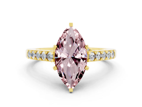 Yellow gold Marquise Cut Diamond Solitaire Ring with Pavé Band and Prong Setting