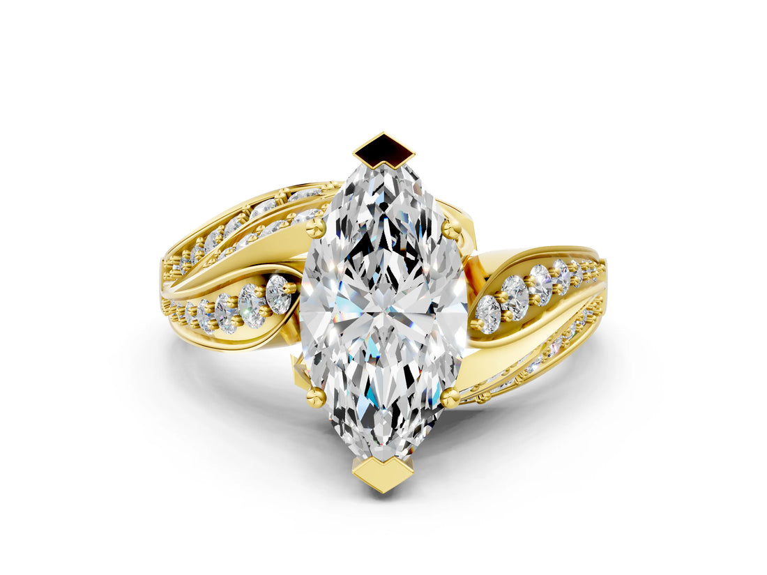 Yellow gold Marquise Cut Diamond Solitaire Ring with Prong Setting and Twisted Pavé Band_15