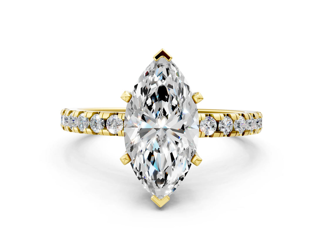 Yellow gold Marquise Cut Diamond Solitaire Ring with Round  Pavé Band and Four-Prong Setting_43