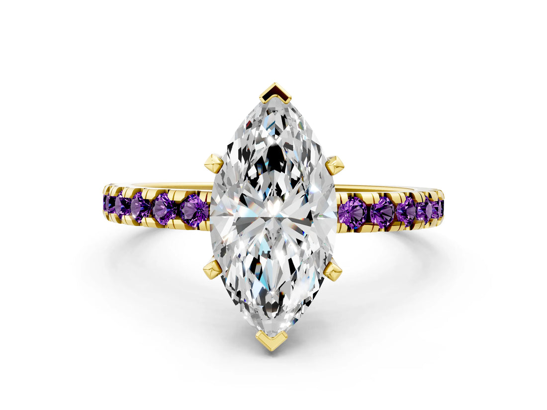 Yellow gold Marquise Cut Diamond Solitaire Ring with Round with Amethyst side stone Pavé Band and Four-Prong Setting_36