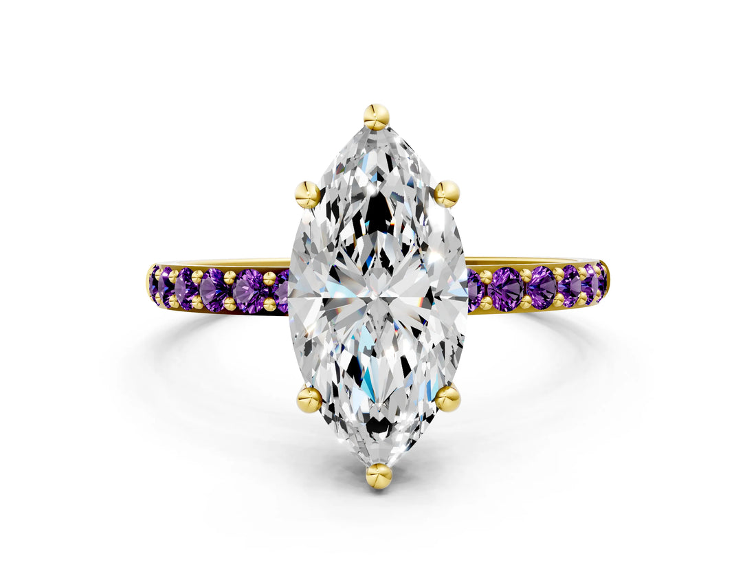 Yellow gold Marquise Cut Diamond Solitaire Ring with Round with Amethyst side stone Pavé Band and Prong Setting_12