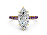 Yellow gold Marquise Cut Diamond Solitaire Ring with Round with Amethyst side stone Pavé Band and Prong Setting_12