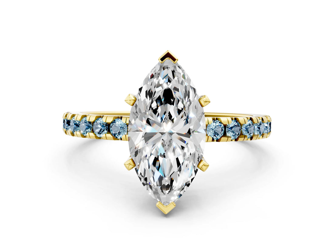 Yellow gold Marquise Cut Diamond Solitaire Ring with Round with Aquamarine side stone Pavé Band and Four-Prong Setting_36