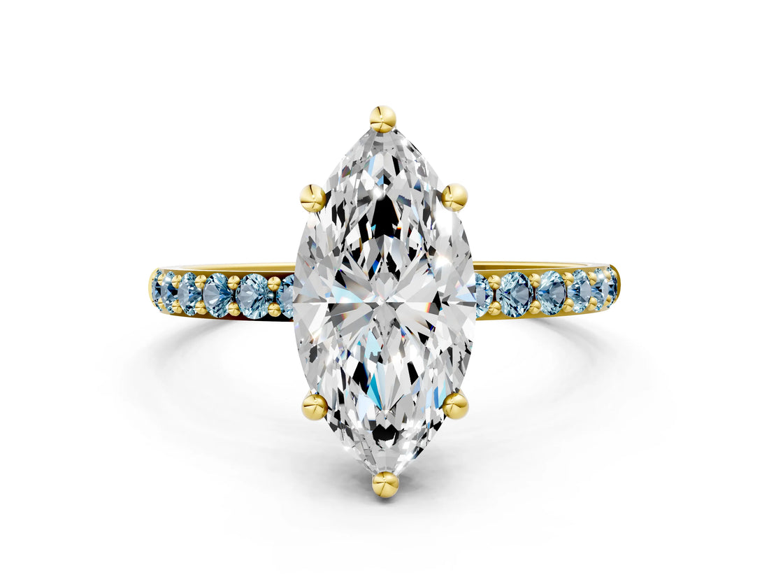 Yellow gold Marquise Cut Diamond Solitaire Ring with Round with Aquamarine side stone Pavé Band and Prong Setting_24