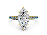 Yellow gold Marquise Cut Diamond Solitaire Ring with Round with Aquamarine side stone Pavé Band and Prong Setting_24