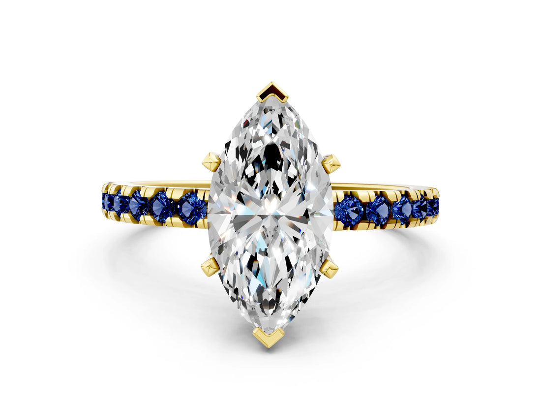 Yellow gold Marquise Cut Diamond Solitaire Ring with Round with Blue Sapphire side stone Pavé Band and Four-Prong Setting_36