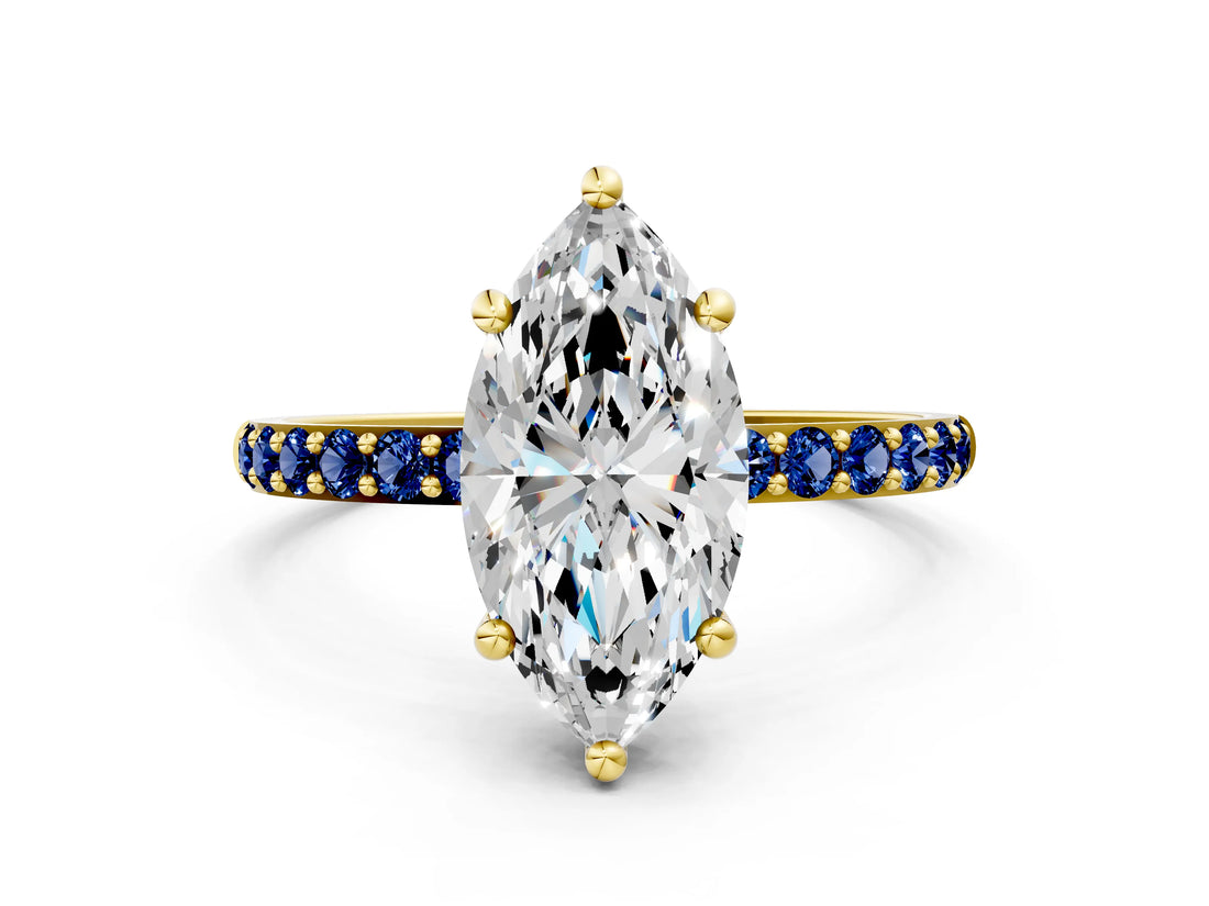 Yellow gold Marquise Cut Diamond Solitaire Ring with Round with Blue Sapphire side stone Pavé Band and Prong Setting_12