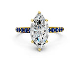 Yellow gold Marquise Cut Diamond Solitaire Ring with Round with Blue Sapphire side stone Pavé Band and Prong Setting_12