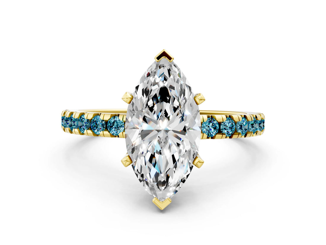 Yellow gold Marquise Cut Diamond Solitaire Ring with Round with Blue Topaz side stone Pavé Band and Four-Prong Setting_36