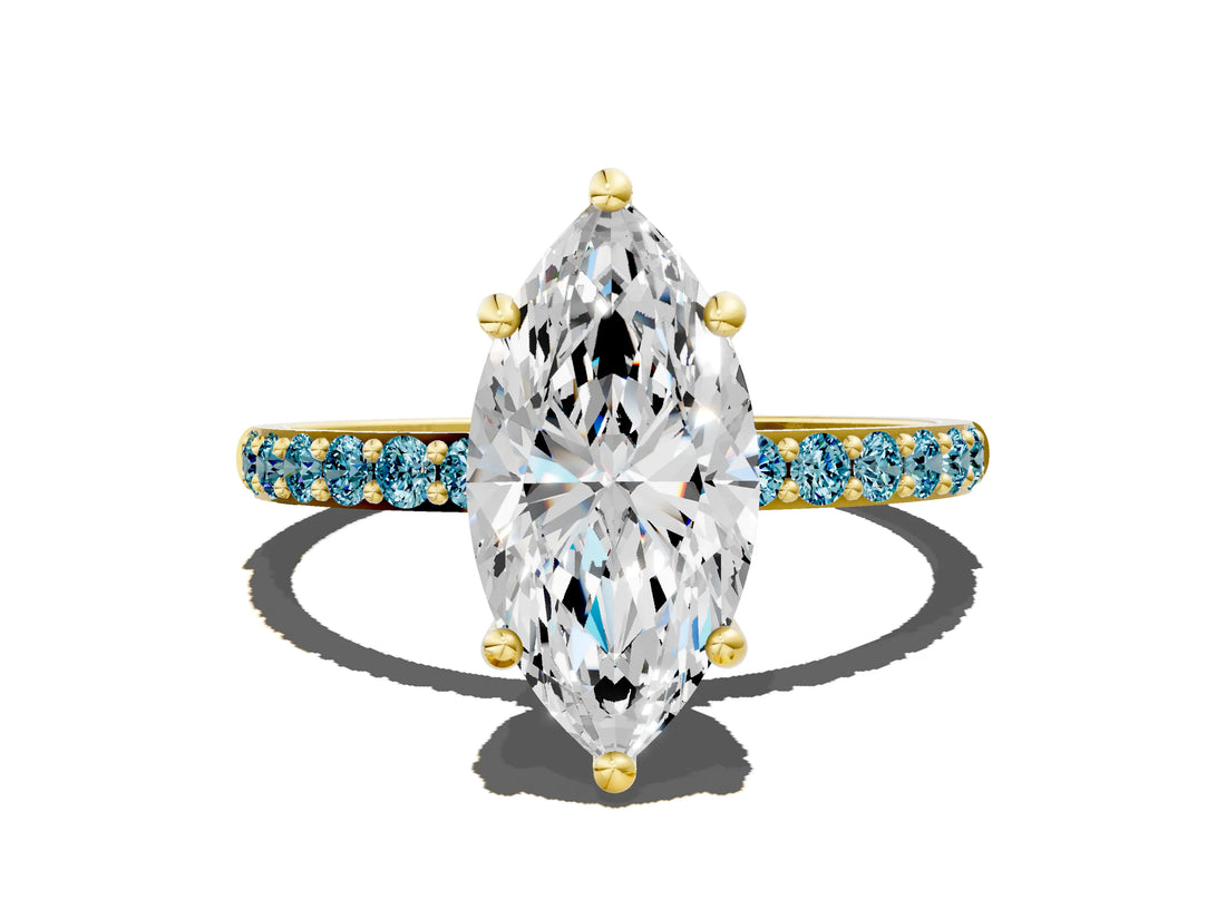 Yellow gold Marquise Cut Diamond Solitaire Ring with Round with Blue Topaz side stone Pavé Band and Prong Setting_12