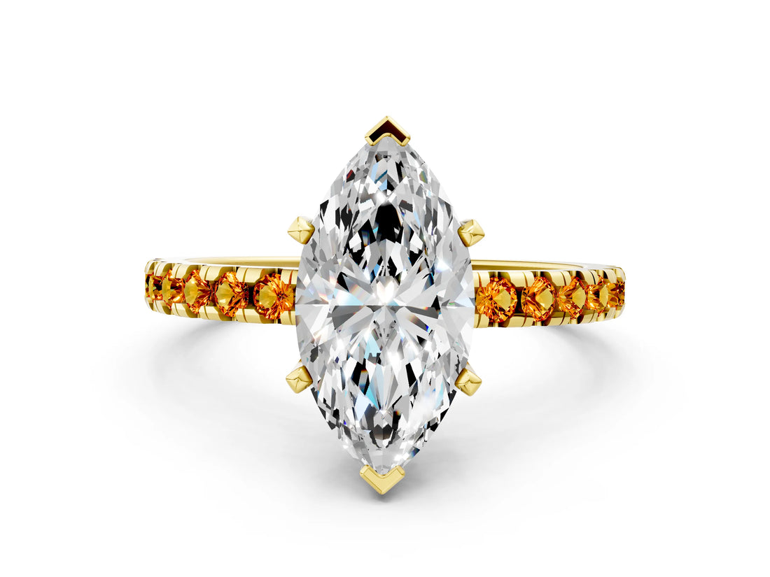 Yellow gold Marquise Cut Diamond Solitaire Ring with Round with Citrine side stone Pavé Band and Four-Prong Setting_36