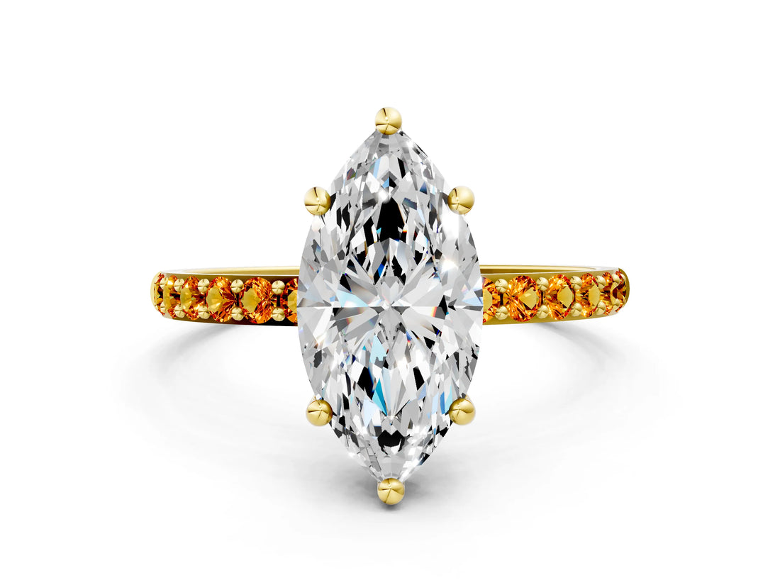 Yellow gold Marquise Cut Diamond Solitaire Ring with Round with Citrine side stone Pavé Band and Prong Setting_12