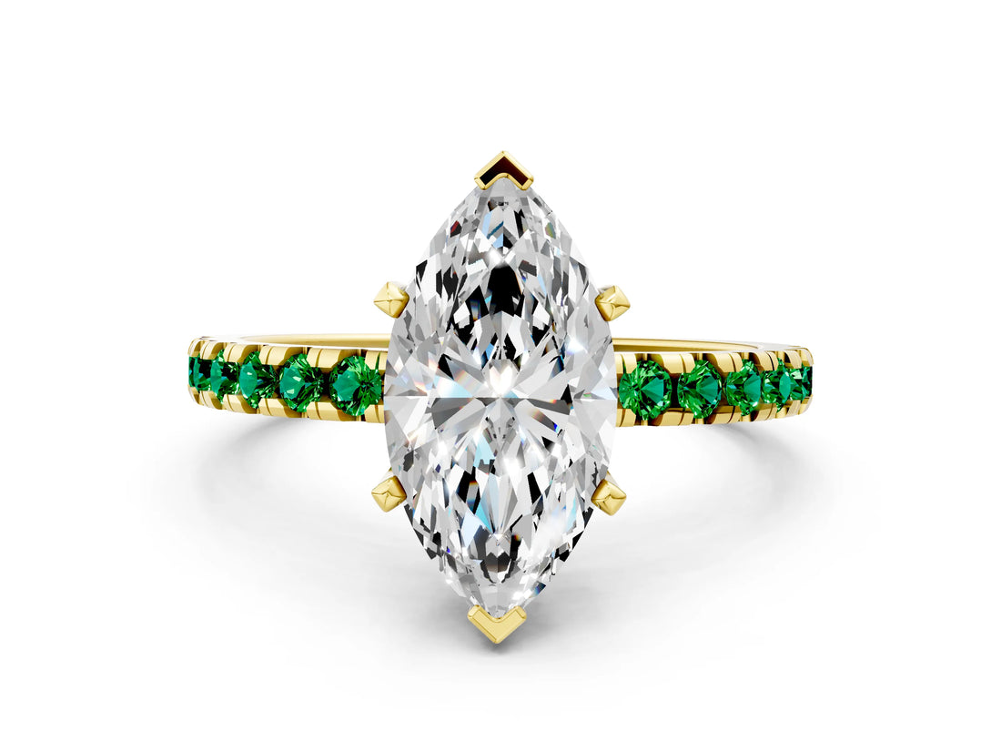 Yellow gold Marquise Cut Diamond Solitaire Ring with Round with Emerald side stone Pavé Band and Four-Prong Setting_36