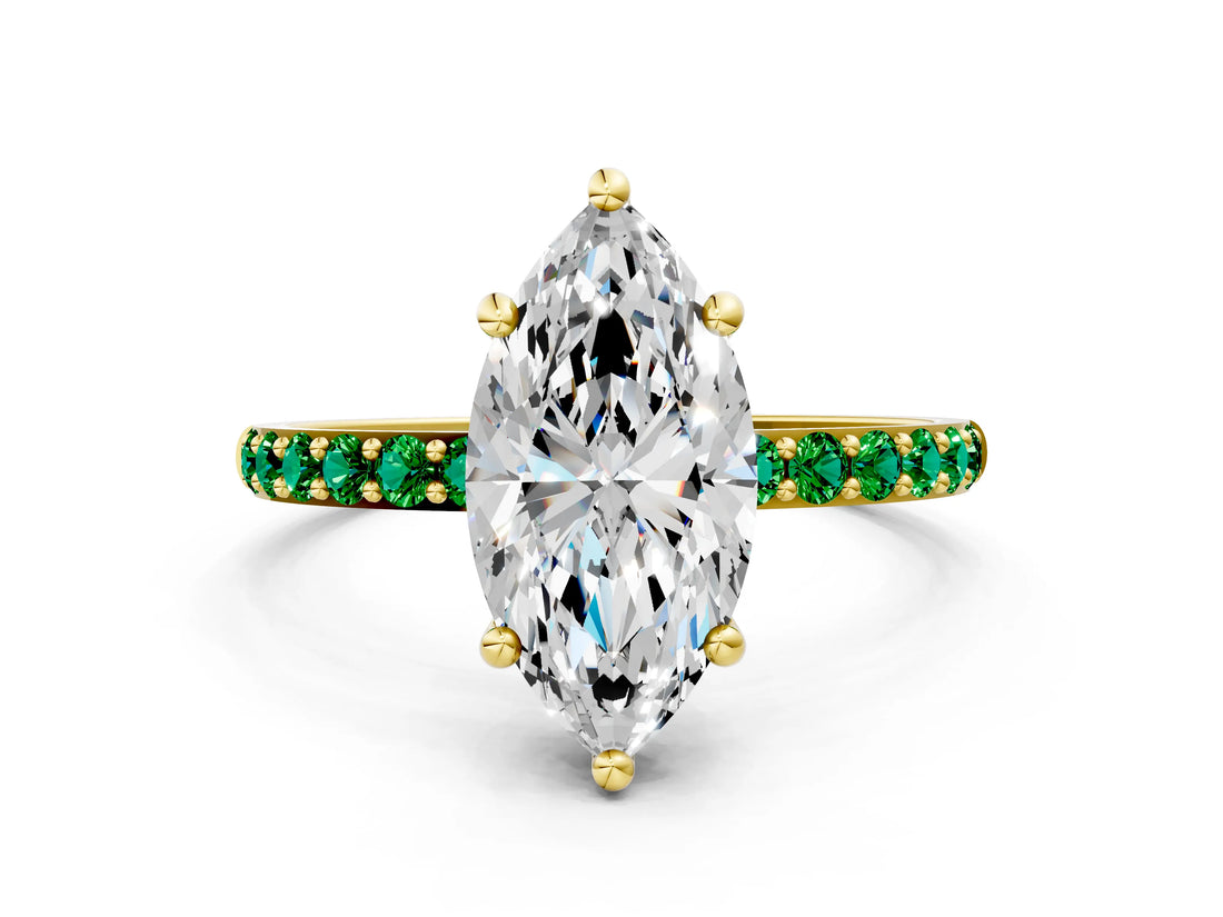 Yellow gold Marquise Cut Diamond Solitaire Ring with Round with Emerald side stone Pavé Band and Prong Setting_24