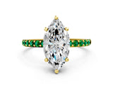 Yellow gold Marquise Cut Diamond Solitaire Ring with Round with Emerald side stone Pavé Band and Prong Setting_24