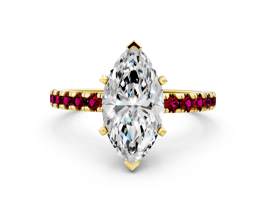 Yellow gold Marquise Cut Diamond Solitaire Ring with Round with Garnet side stone Pavé Band and Four-Prong Setting_36
