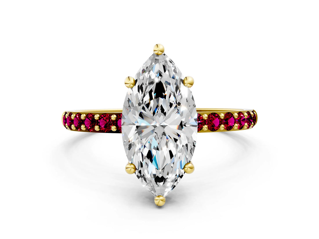 Yellow gold Marquise Cut Diamond Solitaire Ring with Round with Garnet side stone Pavé Band and Prong Setting_24