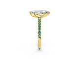 Yellow gold Marquise Cut Diamond Solitaire Ring with Round with Green Sapphire side stone Pavé Band and Prong Setting_2