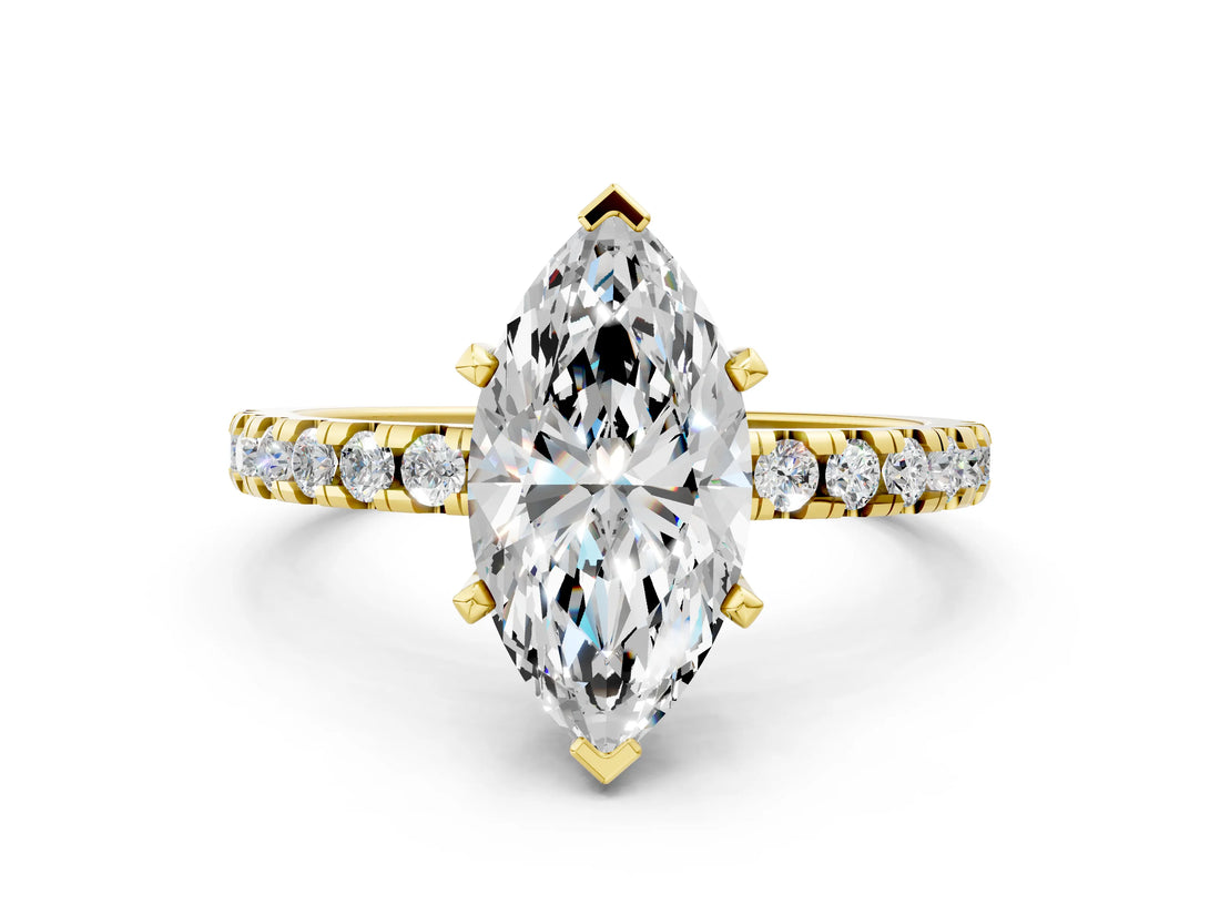 Yellow gold Marquise Cut Diamond Solitaire Ring with Round with Moissanite side stone Pavé Band and Four-Prong Setting_36