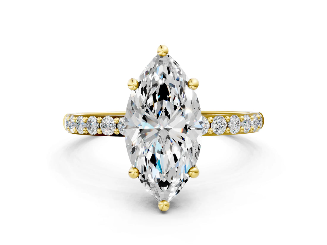 Yellow gold Marquise Cut Diamond Solitaire Ring with Round with Moissanite side stone Pavé Band and Prong Setting_12