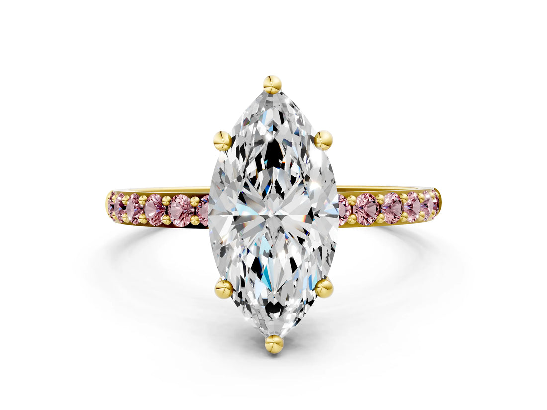Yellow gold Marquise Cut Diamond Solitaire Ring with Round with Morganite side stone Pavé Band and Prong Setting_12