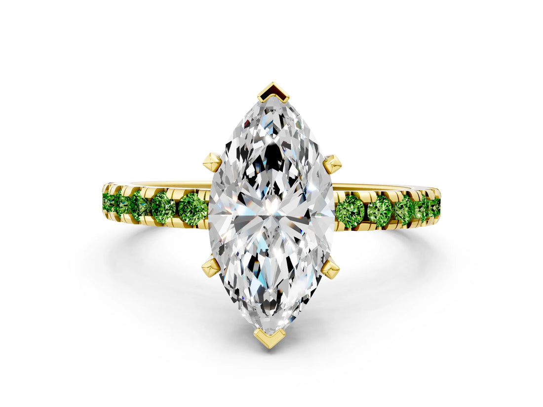 Yellow gold Marquise Cut Diamond Solitaire Ring with Round with Peridot side stone Pavé Band and Four-Prong Setting_36