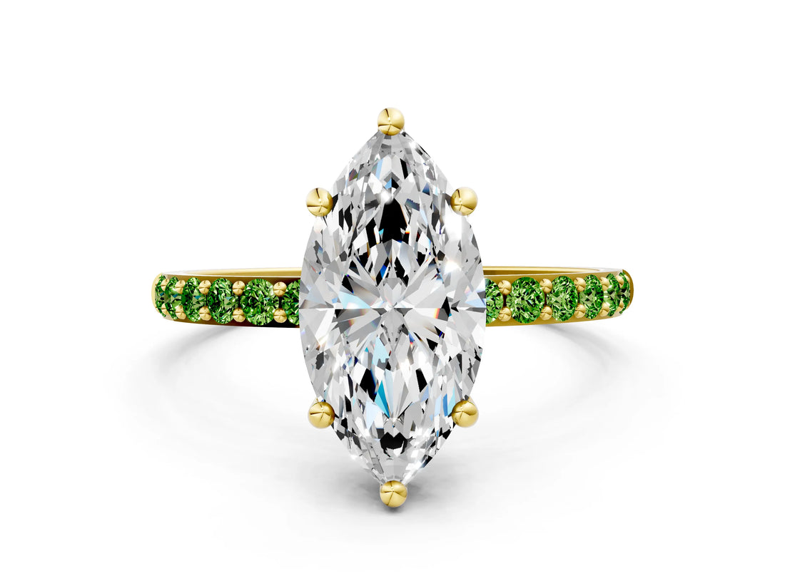 Yellow gold Marquise Cut Diamond Solitaire Ring with Round with Peridot side stone Pavé Band and Prong Setting