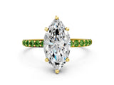 Yellow gold Marquise Cut Diamond Solitaire Ring with Round with Peridot side stone Pavé Band and Prong Setting