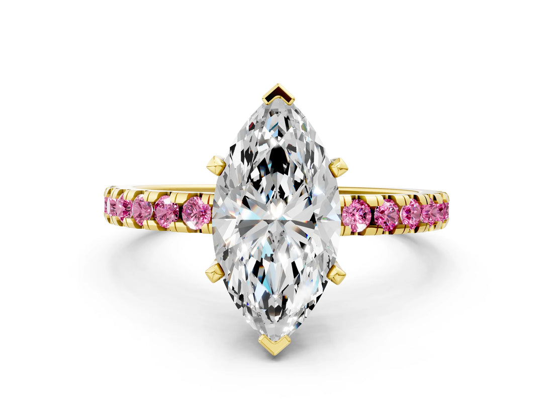Yellow gold Marquise Cut Diamond Solitaire Ring with Round with Pink Sapphire side stone Pavé Band and Four-Prong Setting_36