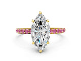 Yellow gold Marquise Cut Diamond Solitaire Ring with Round with Pink Sapphire side stone Pavé Band and Prong Setting_12