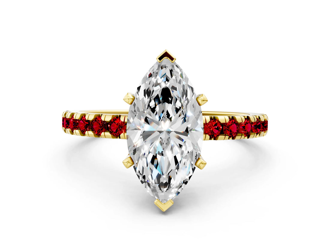 Yellow gold Marquise Cut Diamond Solitaire Ring with Round with Ruby side stone Pavé Band and Four-Prong Setting_48