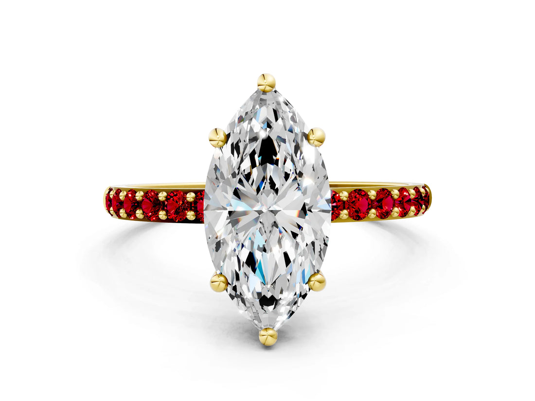 Yellow gold Marquise Cut Diamond Solitaire Ring with Round with Ruby side stone Pavé Band and Prong Setting_24