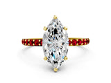 Yellow gold Marquise Cut Diamond Solitaire Ring with Round with Ruby side stone Pavé Band and Prong Setting_24